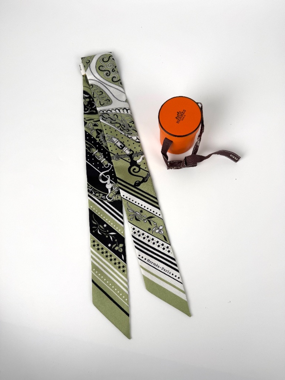 Hermes Festival des Amazones Print Pistachio Green White Black Silk Twilly Scarf